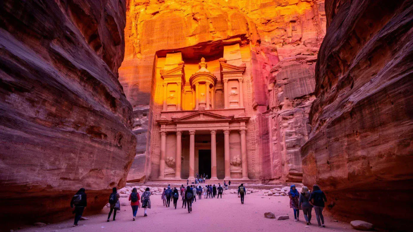 Petra Treasury (Al-Khazneh) - Ancient Nabataean city carved into rose-colored cliffs, UNESCO World Heritage Site in Jordan